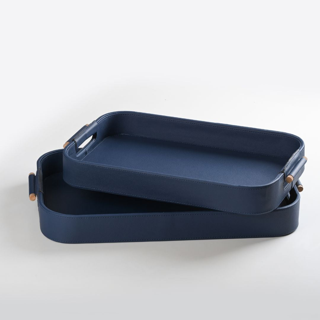 Hand Crafted Faux Leather Set of 2 Trays With Wooden Handle (Blue)