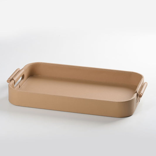 Beige Faux Leather Large Serving Tray With Wooden Handle