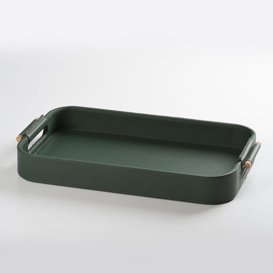 Green Faux Leather Large Serving Tray With Wooden Handle