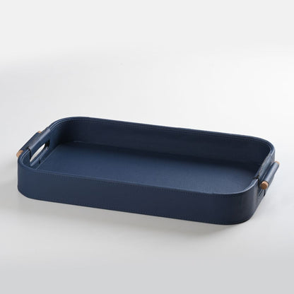 Blue Faux Leather Large Serving Tray With Wooden Handle