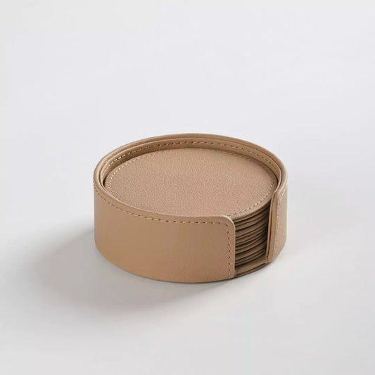 Round Shaped Hand Crafted Faux Leather Coaster Set (Beige)