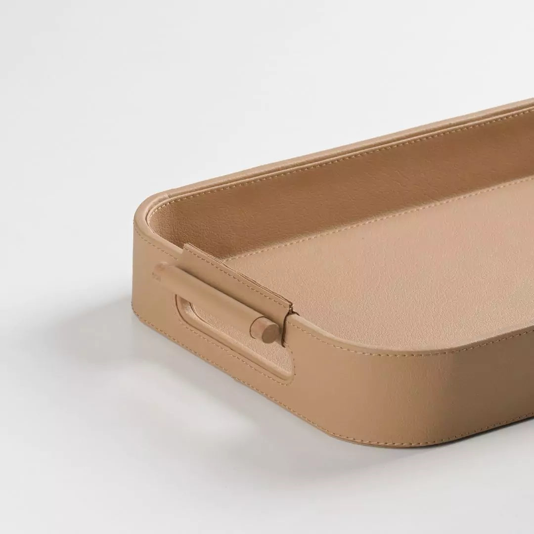 Beige Faux Leather Small Serving Tray With Wooden Handle