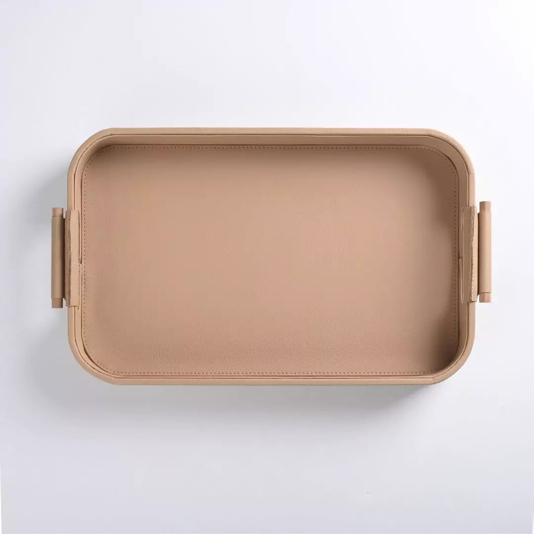 Beige Faux Leather Small Serving Tray With Wooden Handle