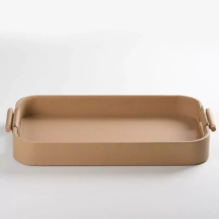 Beige Faux Leather Small Serving Tray With Wooden Handle