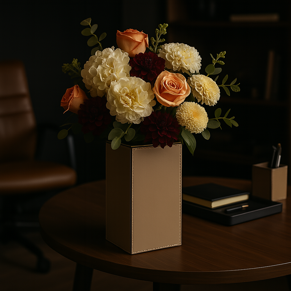 Beige Faux Leather Large Vertical Flower Vase