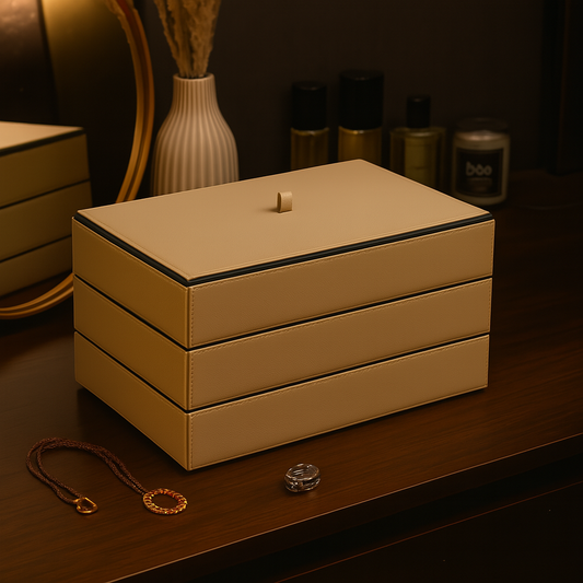 Beige Faux Leather Set of 3 Stack Tray With Lid