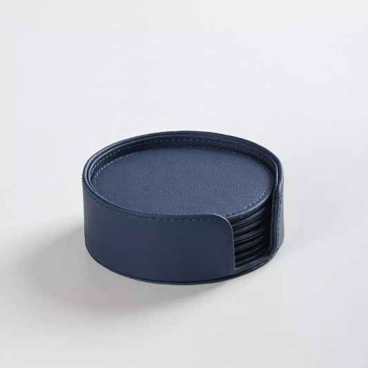 Round Shaped Hand Crafted Faux Leather Coaster Set (Blue)