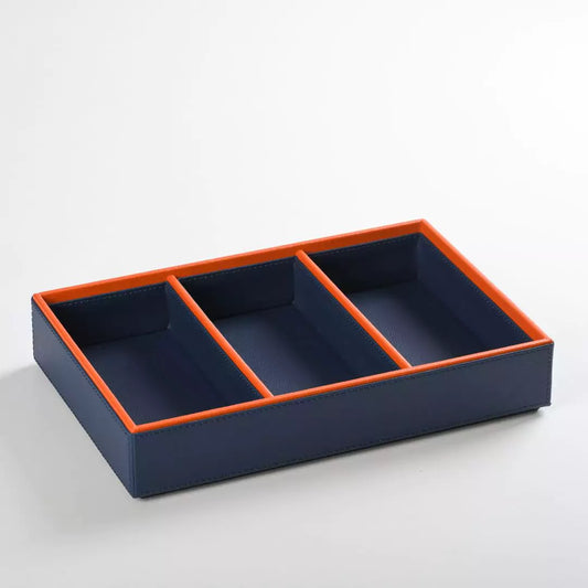 Faux Leather Dual Tone 3 Slots Storage Tray (Blue)