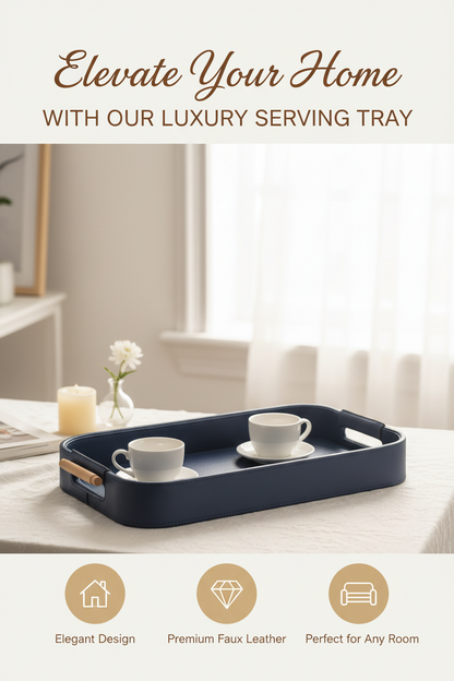 Blue Faux Leather Large Serving Tray With Wooden Handle