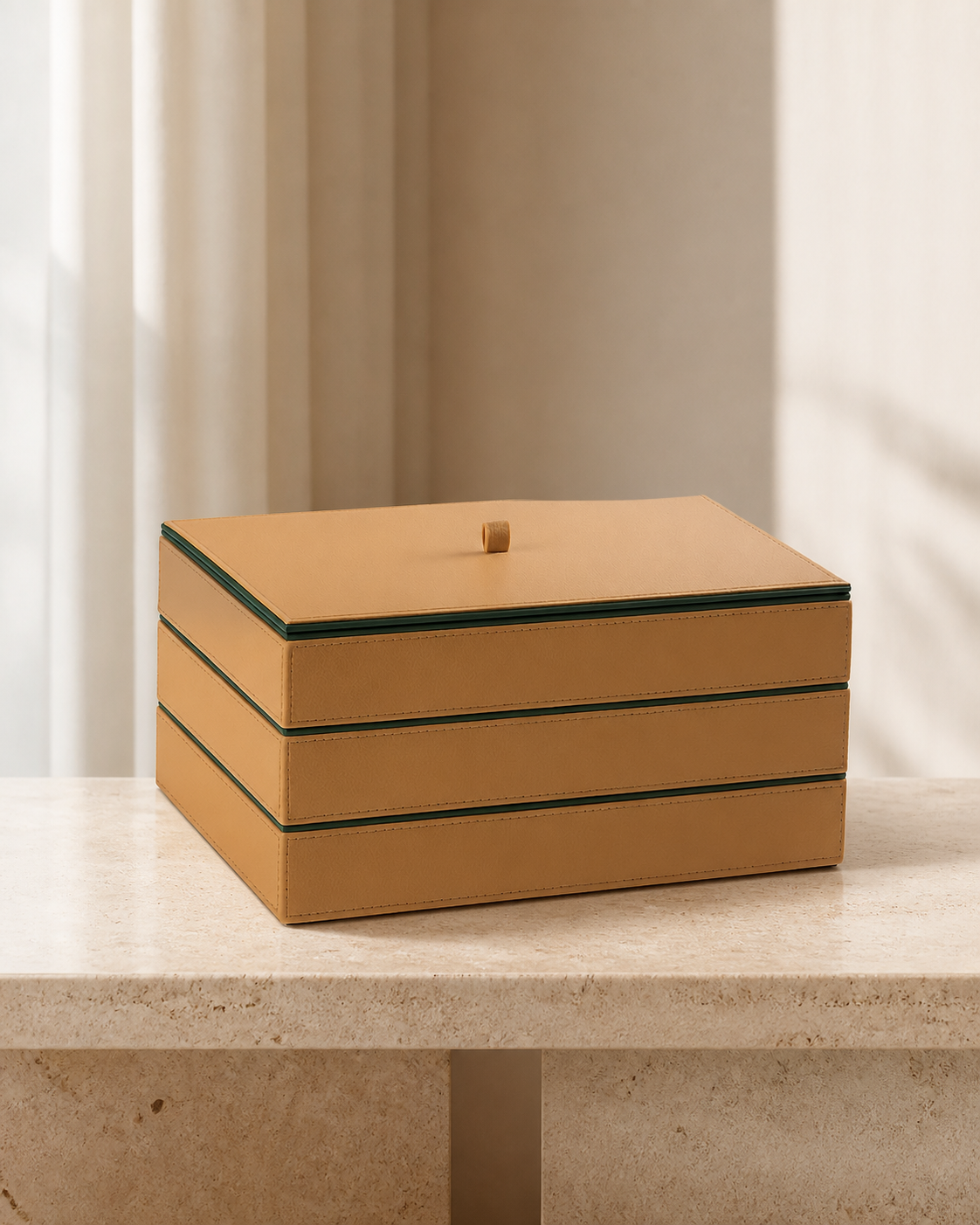 Lidded Stack Tray set of three in Beige with green piping, grounded editorial view