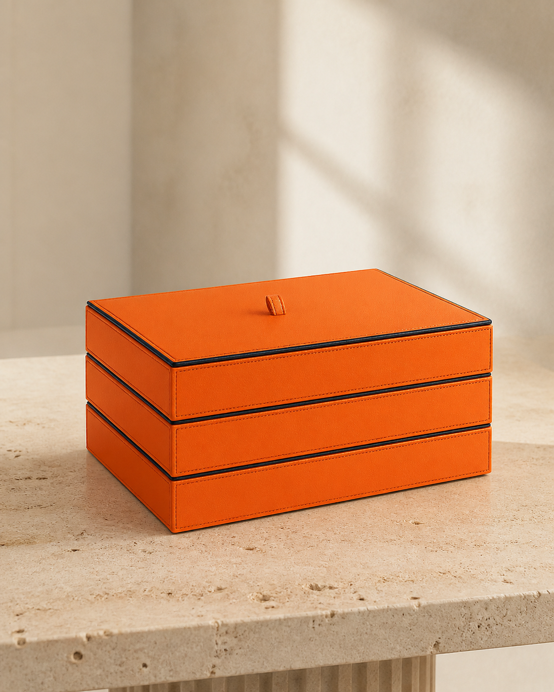 Lidded Stack Tray set of three in Orange with blue piping, grounded editorial view