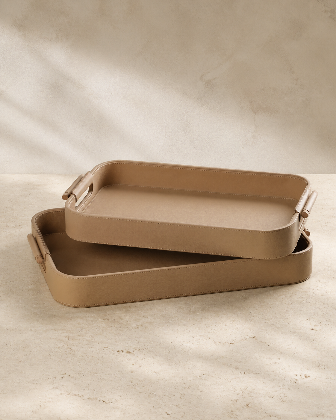 Serving Tray with Wooden Handle — Beige / Set of 2