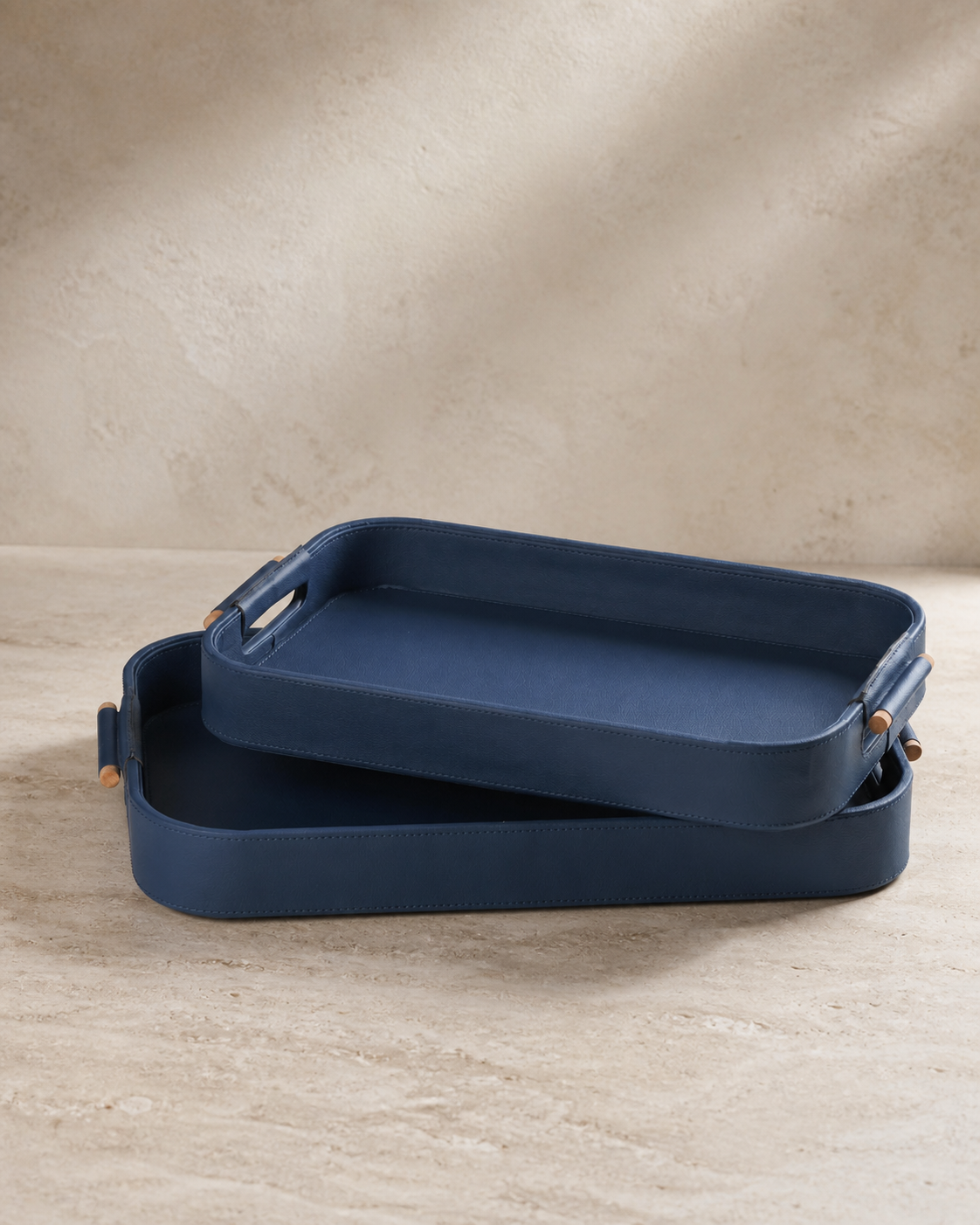 Serving Tray with Wooden Handle — Blue / Set of 2