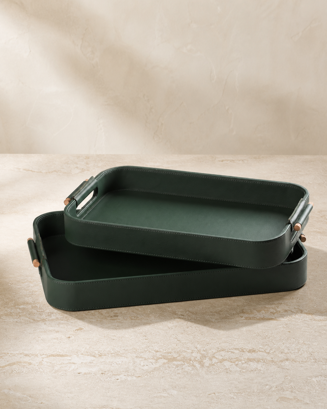 Serving Tray with Wooden Handle — Green / Set of 2