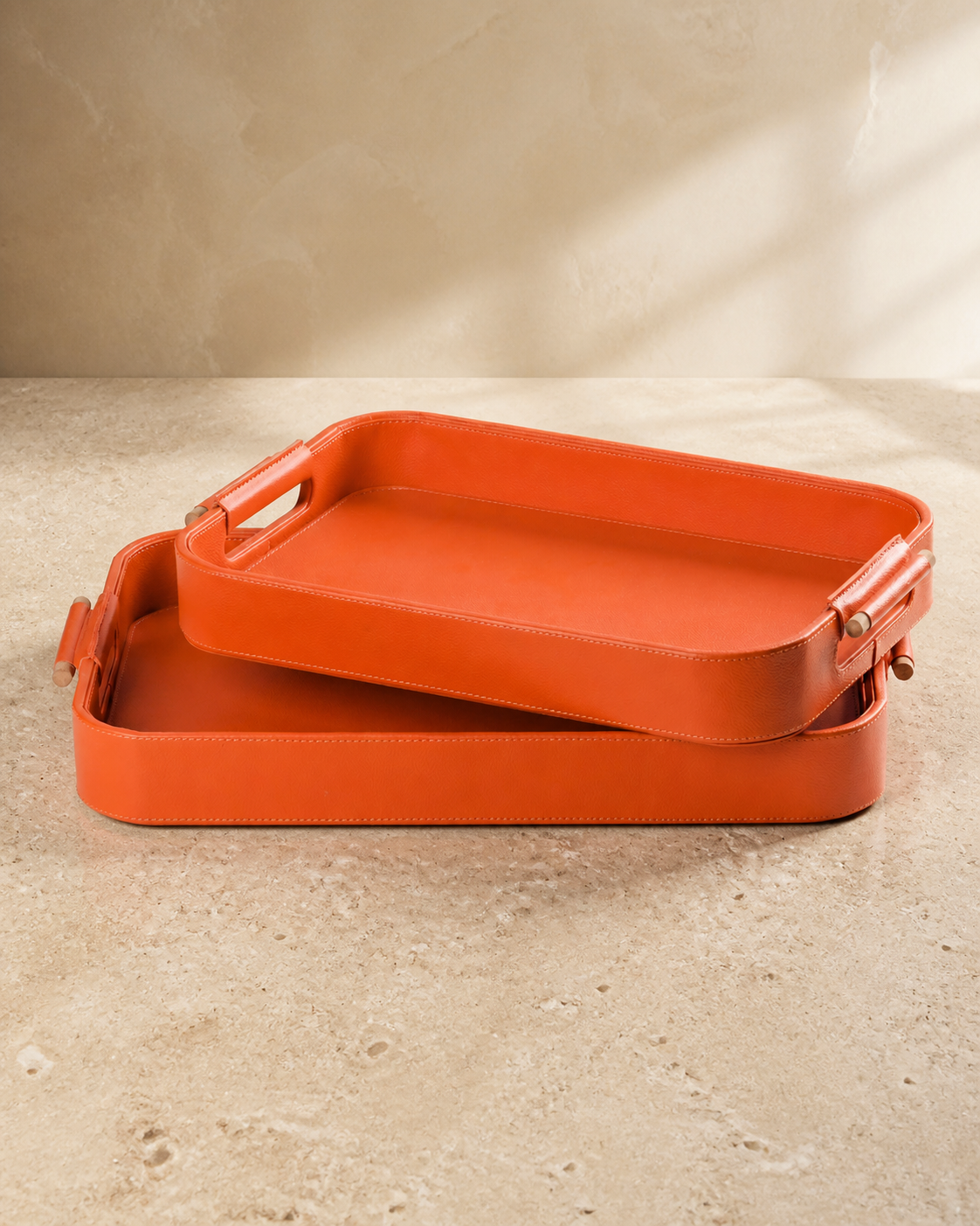 Serving Tray with Wooden Handle — Orange / Set of 2