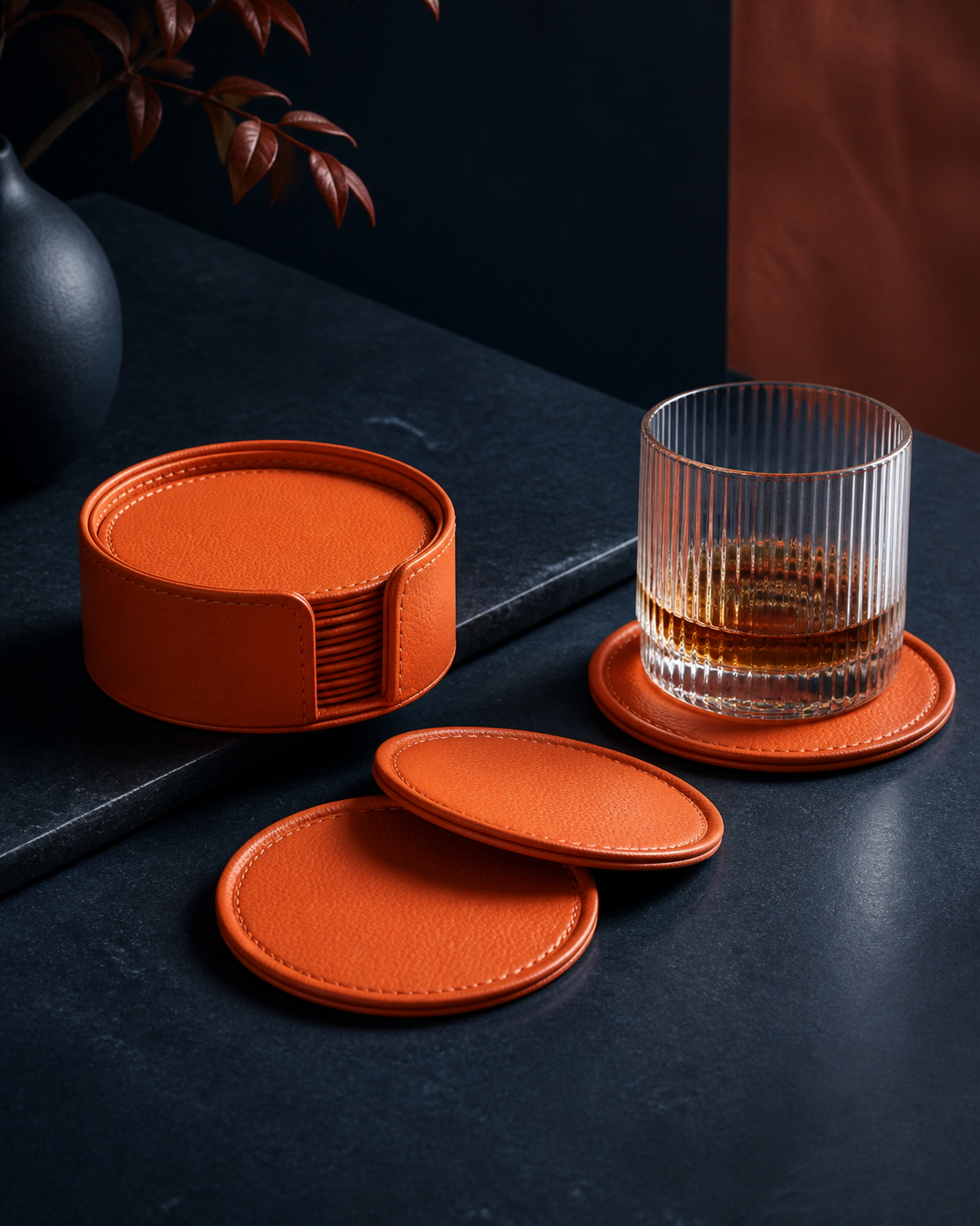 Orange faux-leather coaster set, six round coasters in stitched holder