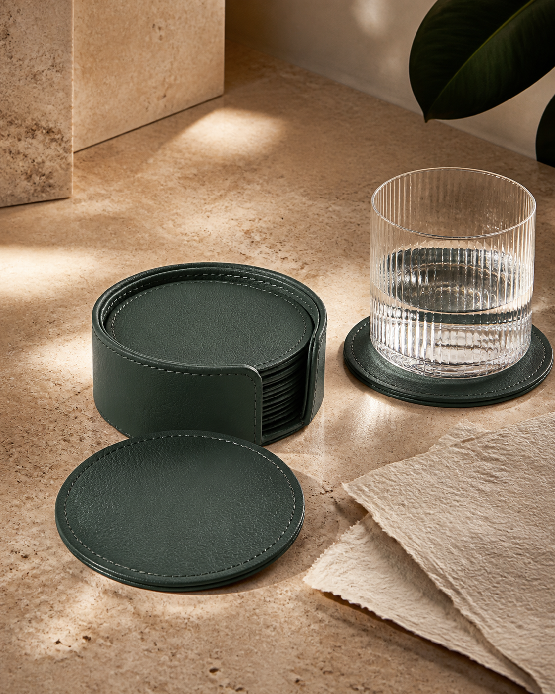Sage Green faux-leather coaster set, six round coasters in stitched holder