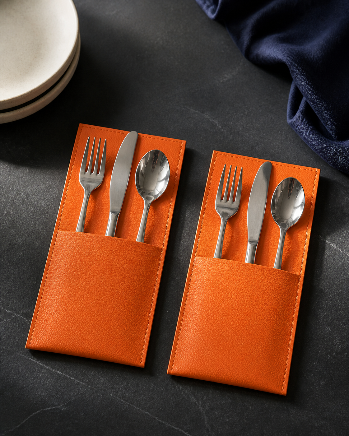 Orange faux-leather cutlery holders in editorial place settings