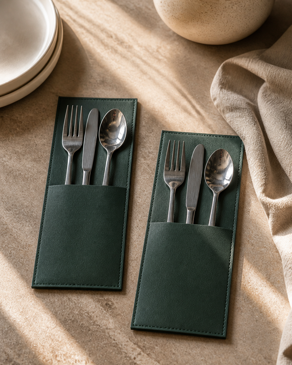 Green faux-leather cutlery holders in editorial place settings