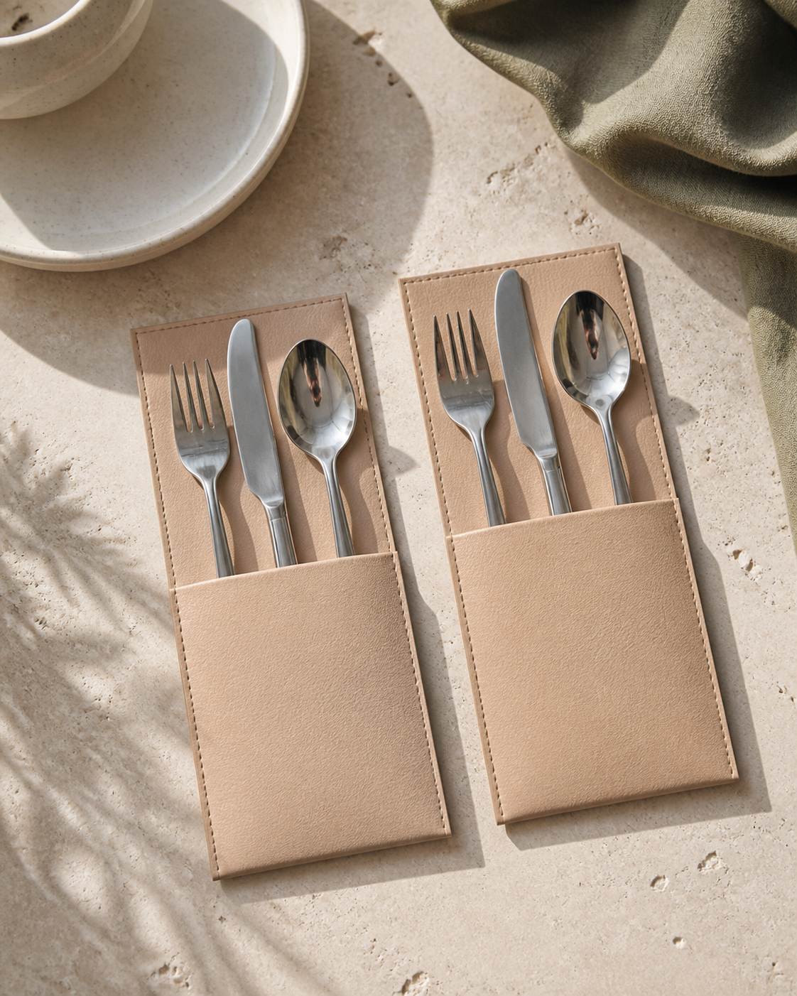 Beige faux-leather cutlery holders in editorial place settings