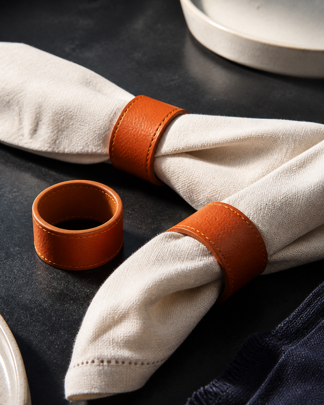 Orange faux-leather napkin rings in editorial table setting
