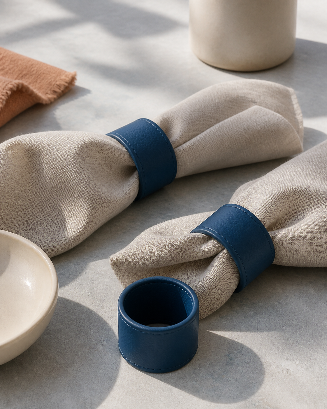 Blue faux-leather napkin rings in editorial table setting