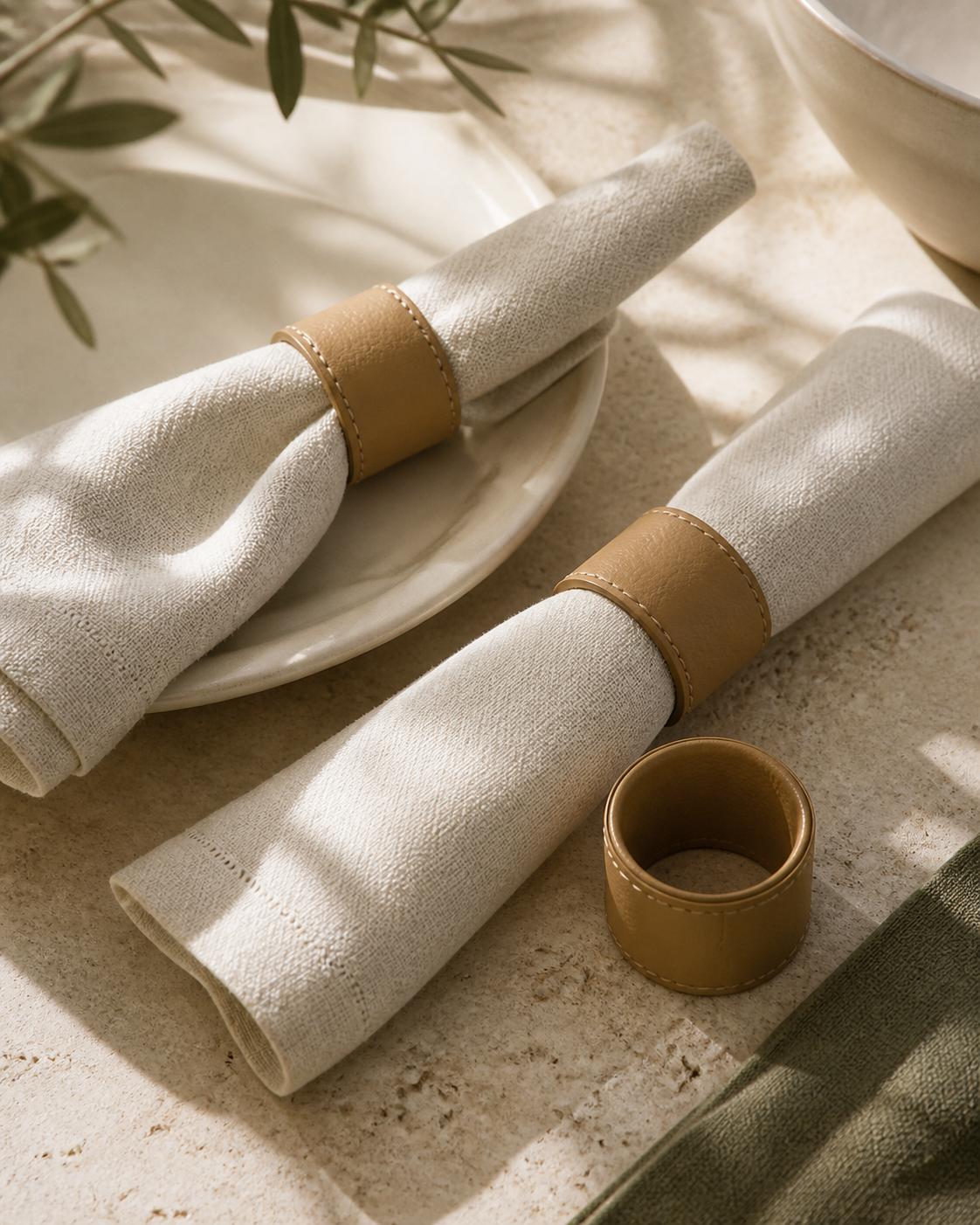 Beige faux-leather napkin rings in editorial table setting