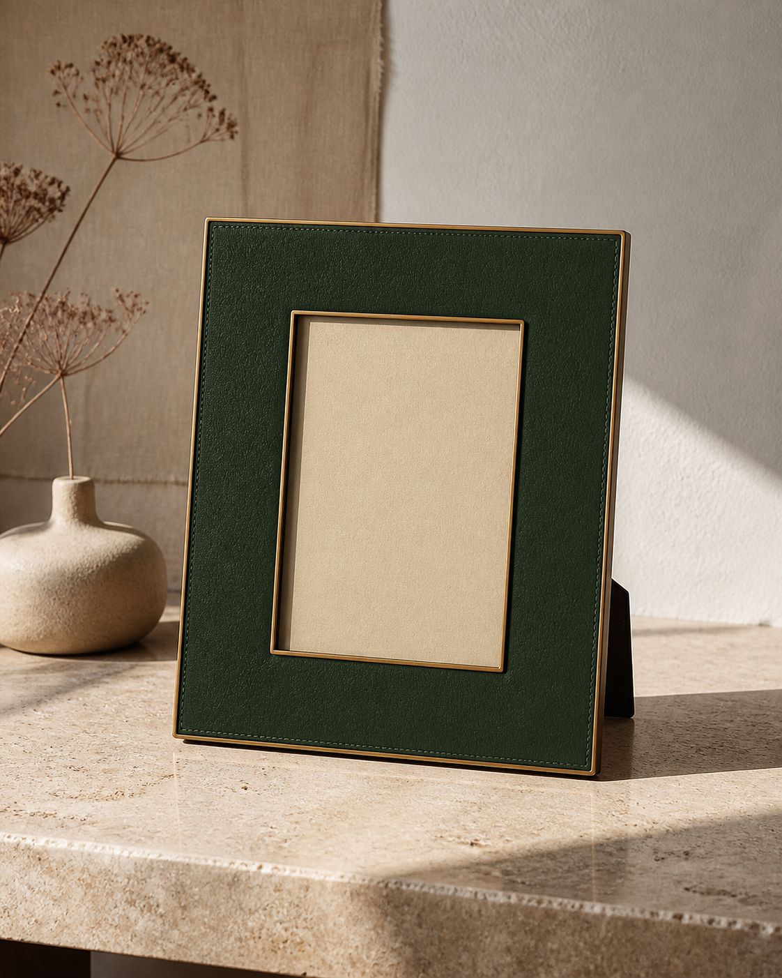 Green faux-leather tabletop photo frame editorial