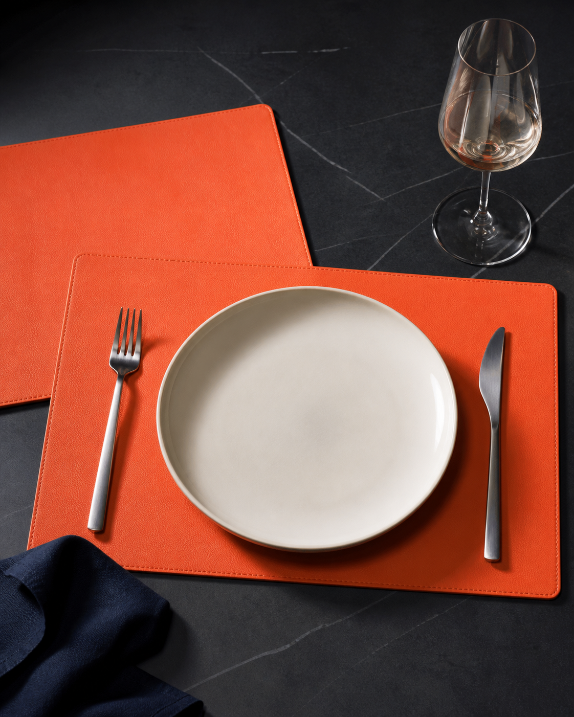 Mellow Apricot faux-leather rectangular placemat editorial setting