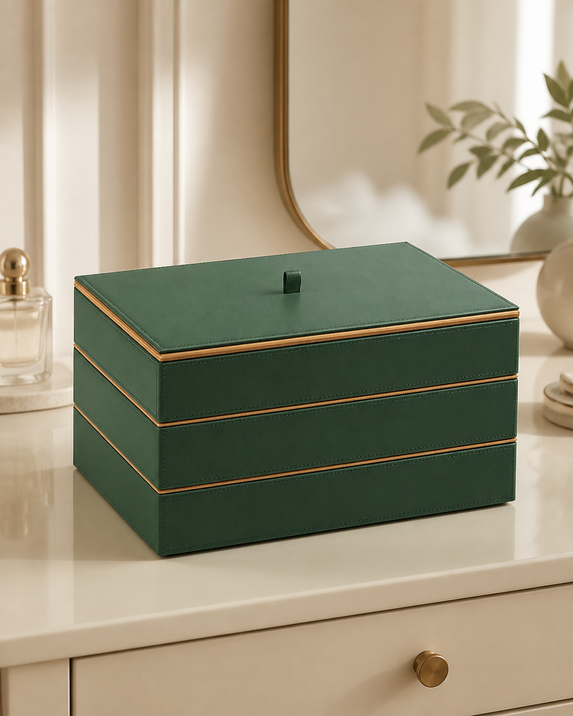 Lidded Stack Tray set of three in Sage Green, exact product editorial view