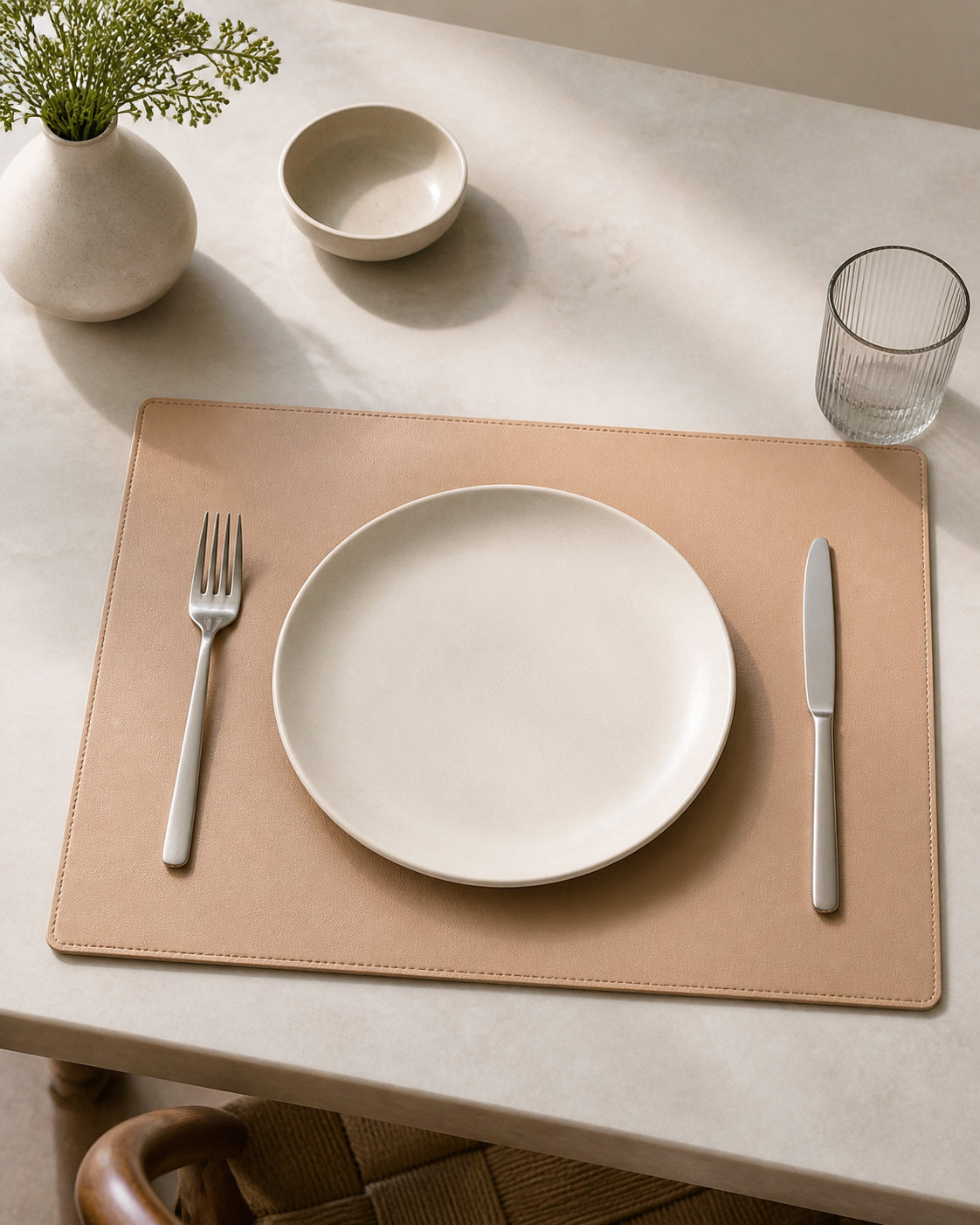 Casa Botanical Soft Sand faux-leather placemat, exact 16 by 12 inch editorial view