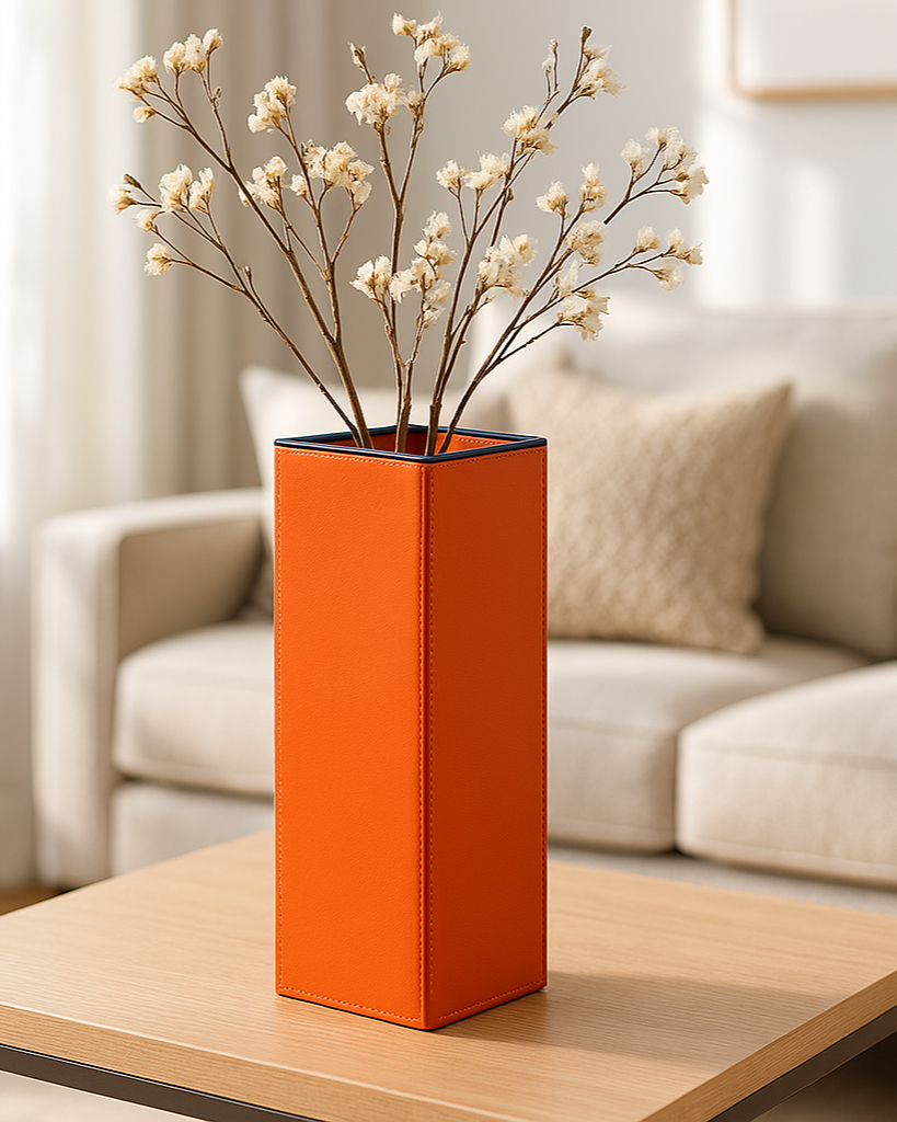 Sculptural Faux-Leather Vase in Orange, Large Vertical