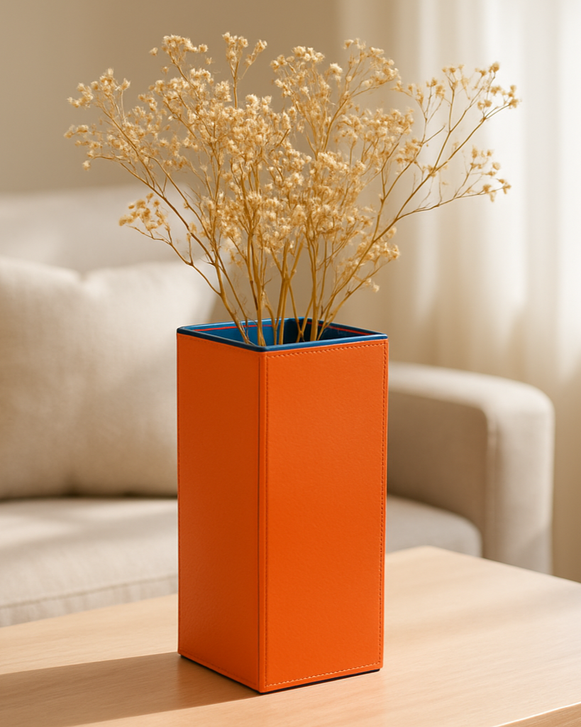 Sculptural Faux-Leather Vase in Orange, Medium Vertical