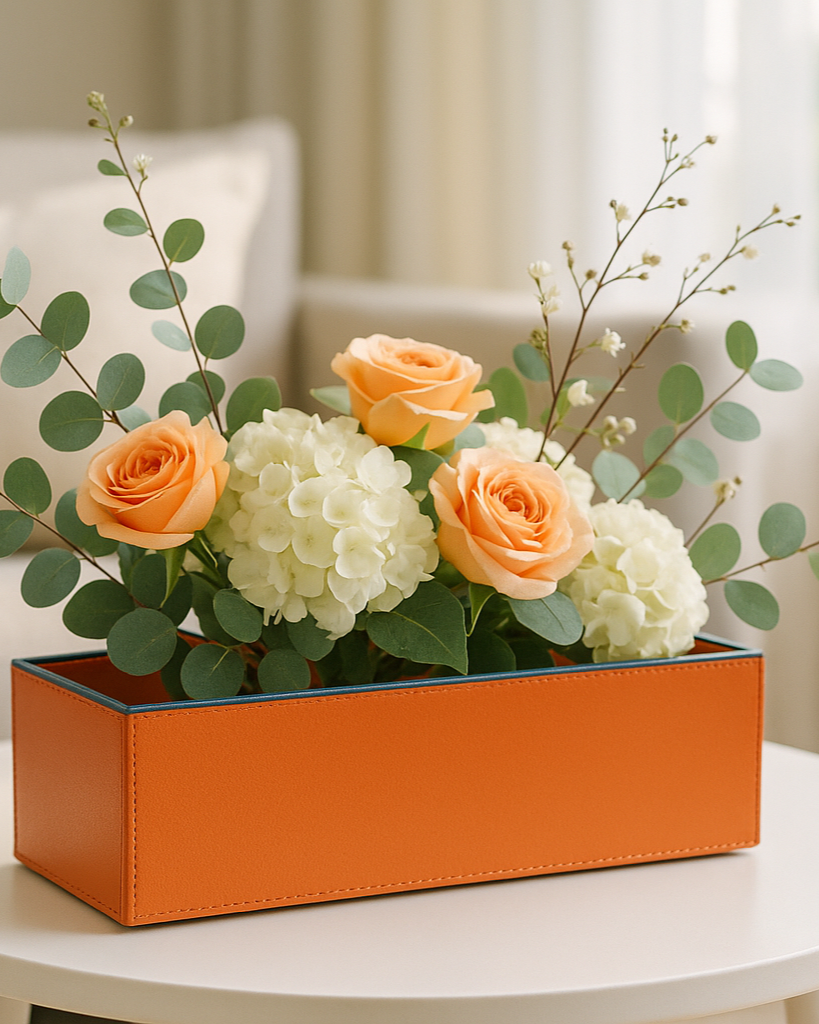 Sculptural Faux-Leather Vase in Orange, Rectangular