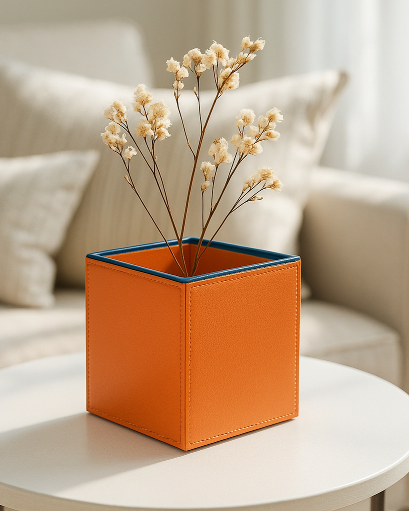 Sculptural Faux-Leather Vase in Orange, Small Vertical