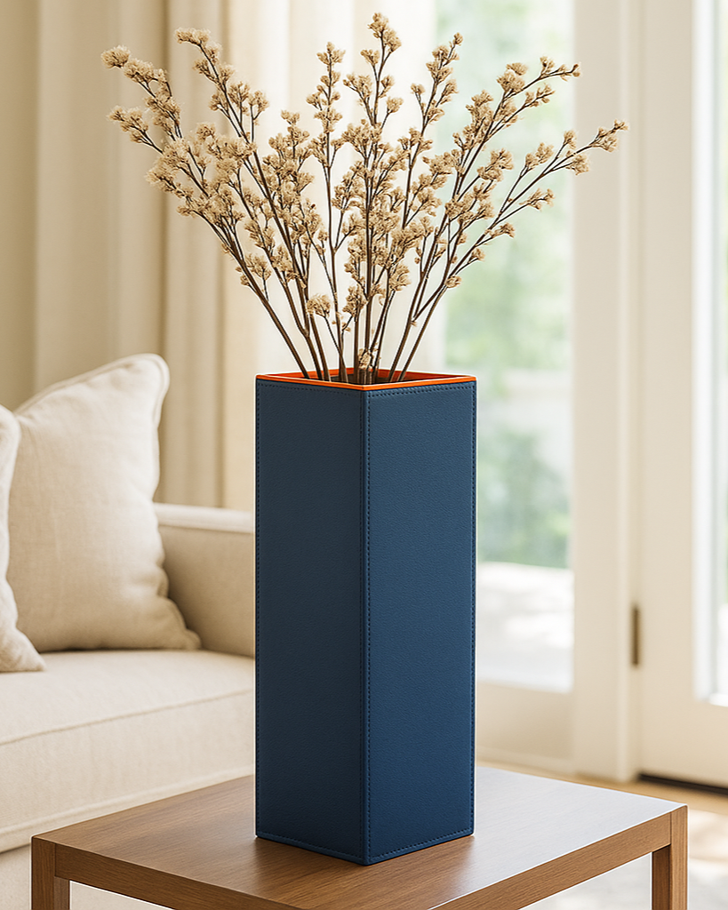 Sculptural Faux-Leather Vase in Blue, Large Vertical