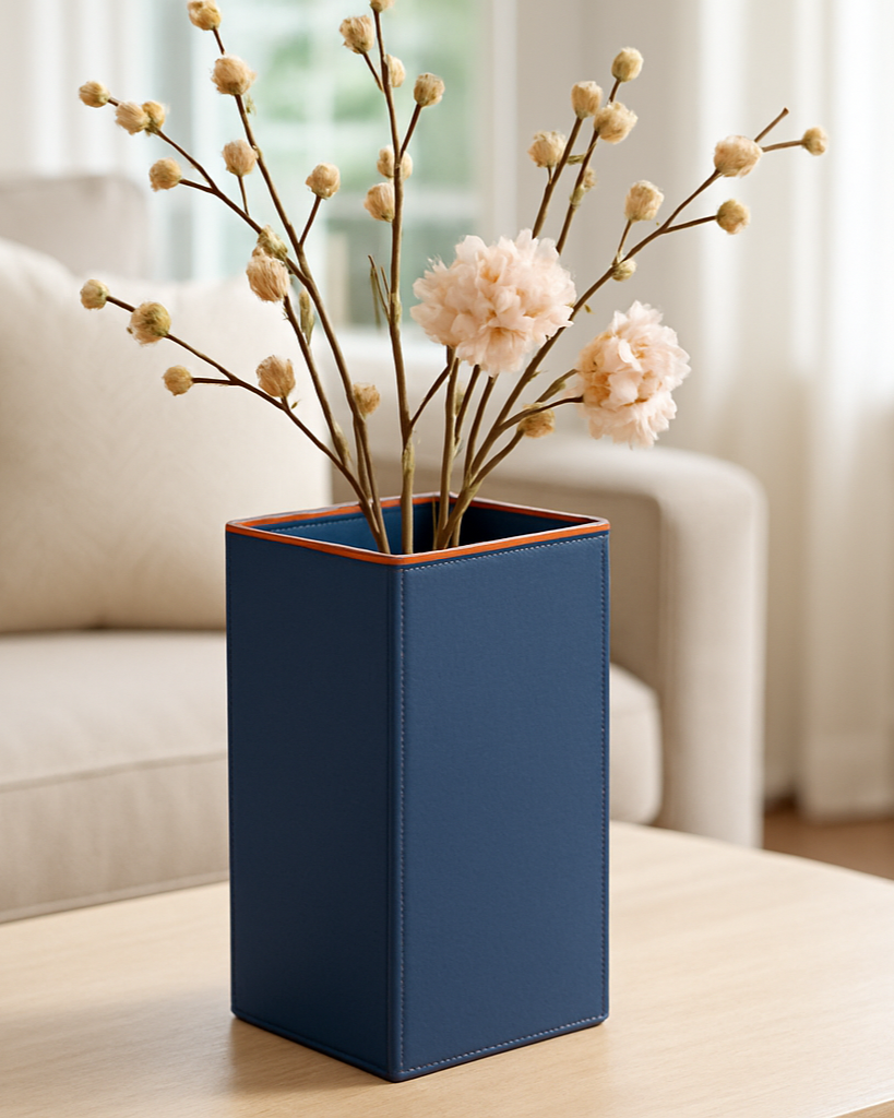 Sculptural Faux-Leather Vase in Blue, Medium Vertical