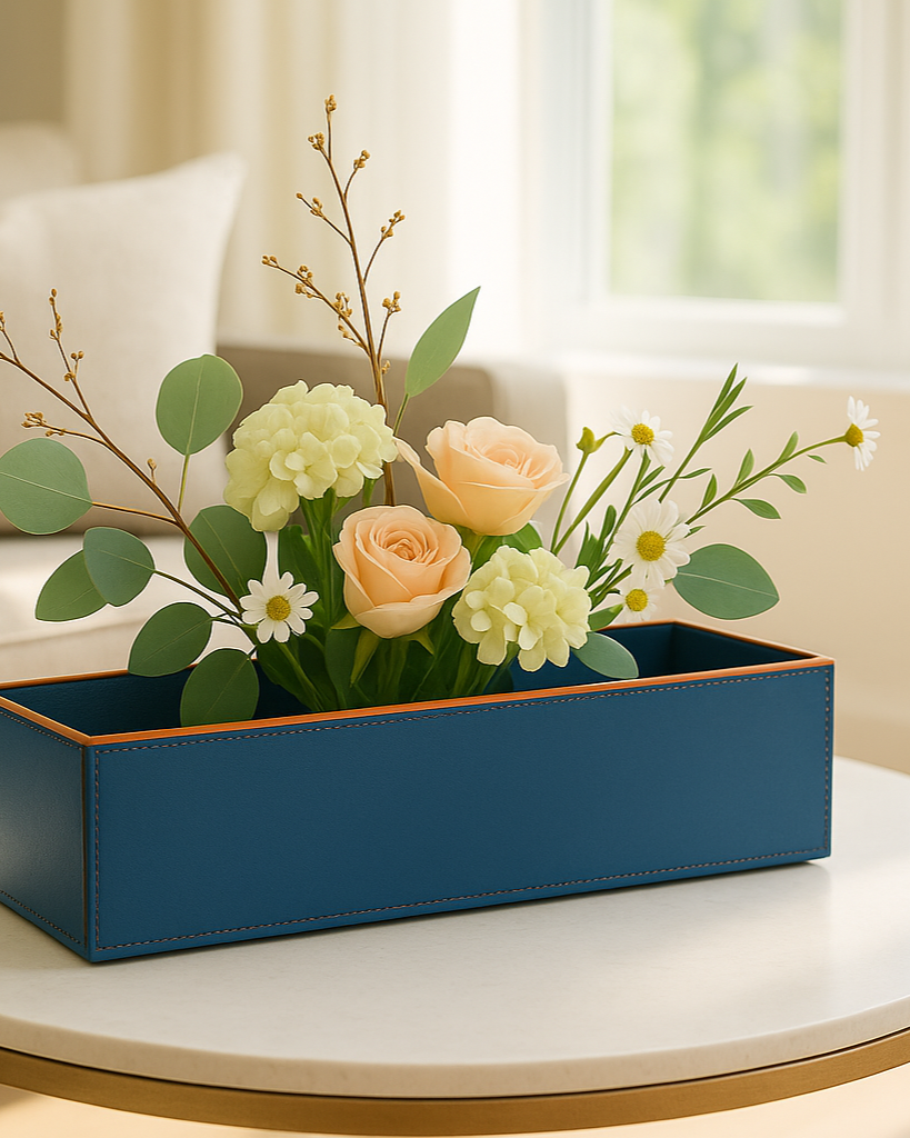 Sculptural Faux-Leather Vase in Blue, Rectangular