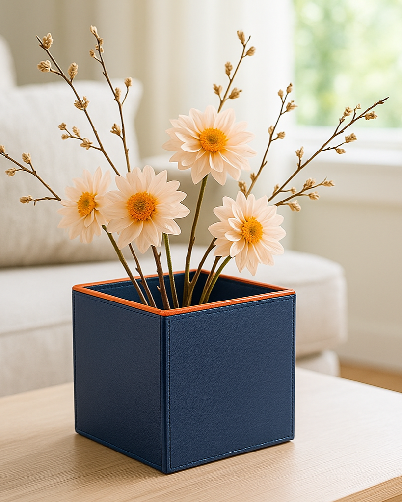 Sculptural Faux-Leather Vase in Blue, Small Vertical