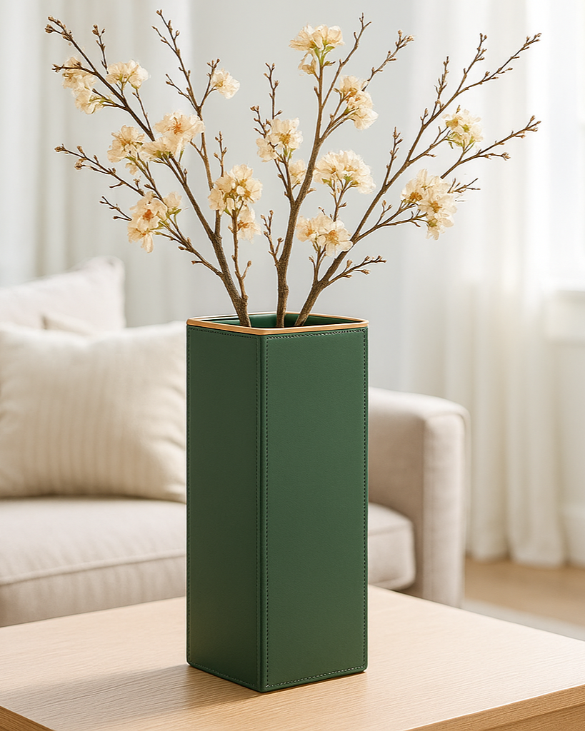 Sculptural Faux-Leather Vase in Green, Large Vertical