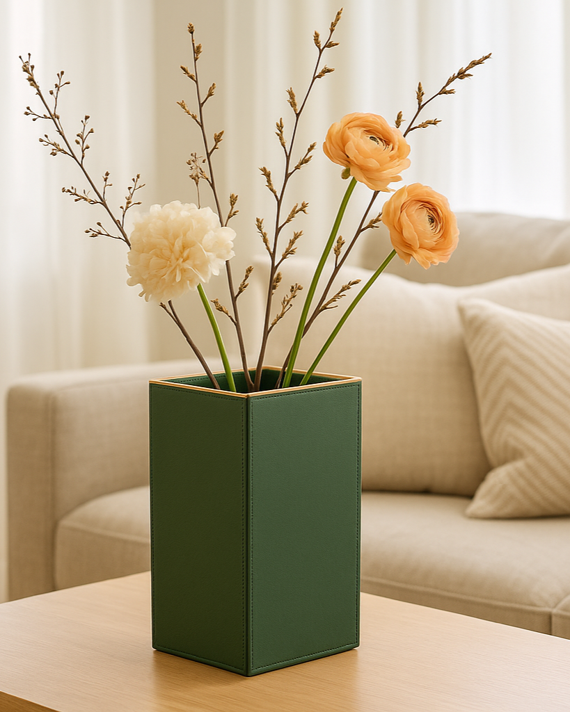 Sculptural Faux-Leather Vase in Green, Medium Vertical