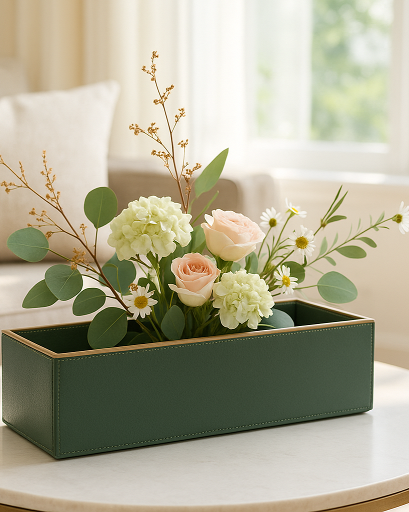 Sculptural Faux-Leather Vase in Green, Rectangular