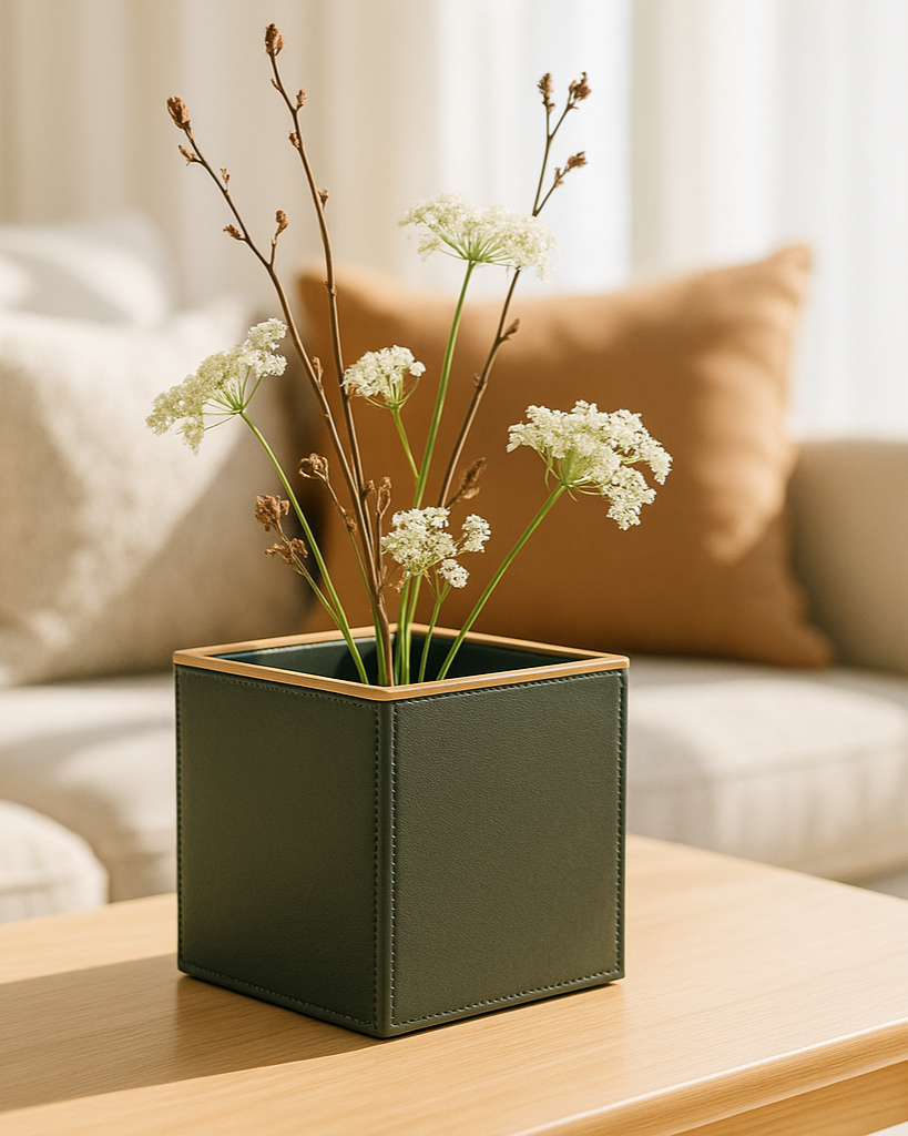 Sculptural Faux-Leather Vase in Sage Green, Small Vertical