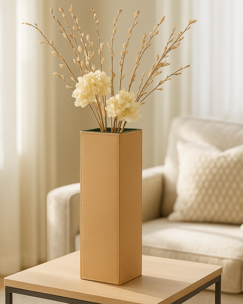 Sculptural Faux-Leather Vase in Beige, Large Vertical