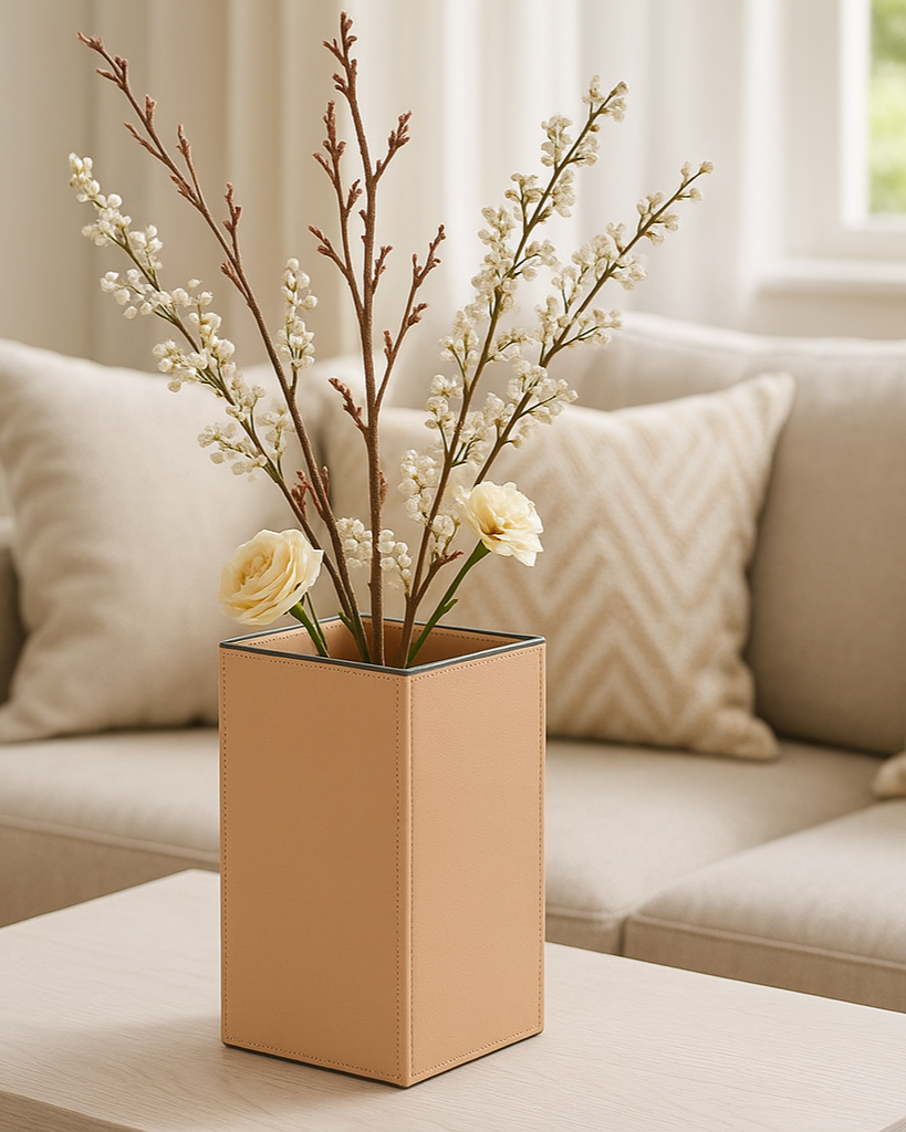 Sculptural Faux-Leather Vase in Beige, Medium Vertical