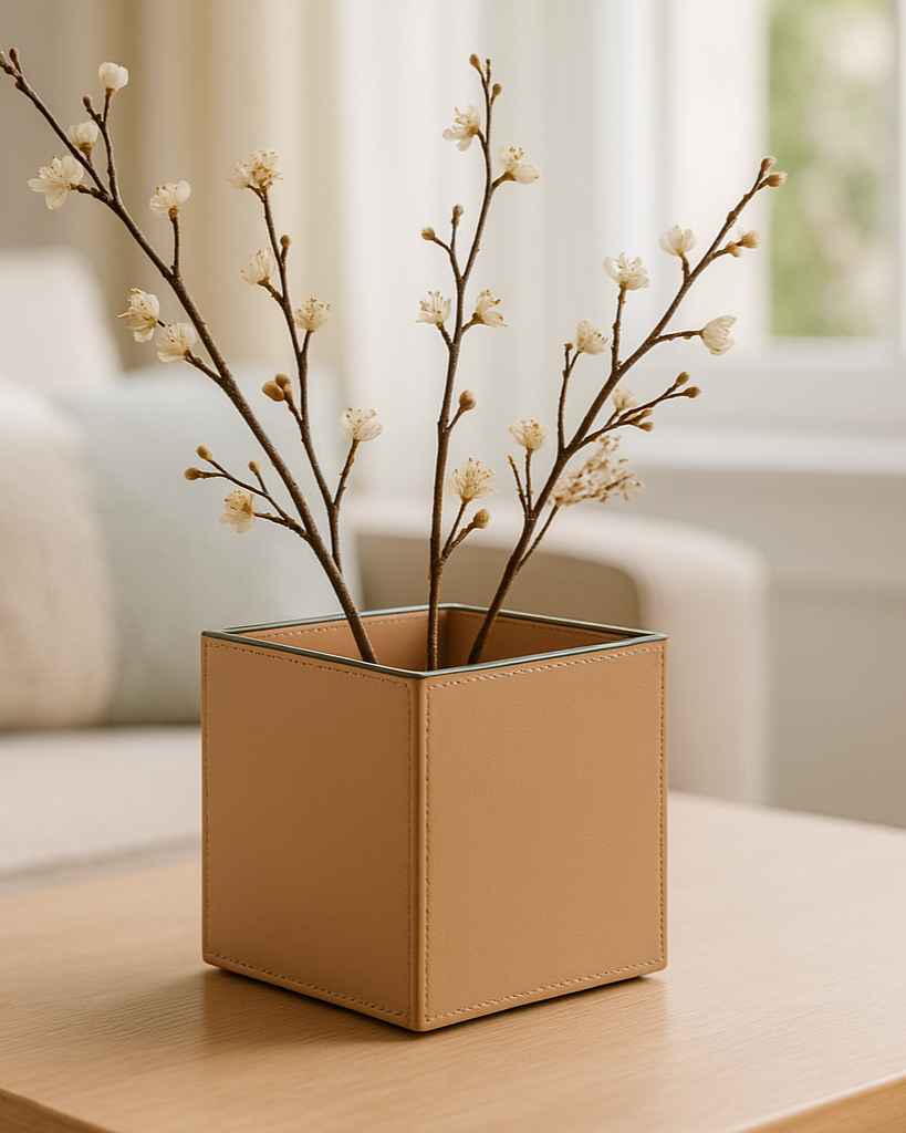 Sculptural Faux-Leather Vase in Soft Sand, Small Vertical
