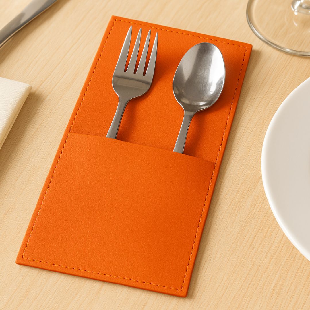 Faux-Leather Cutlery Holder Set in Mellow Apricot