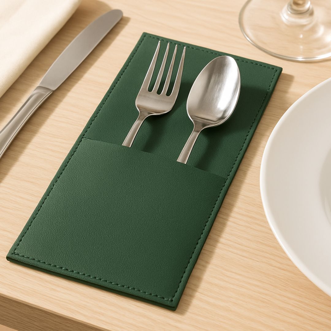 Faux-Leather Cutlery Holder Set in Sage Green