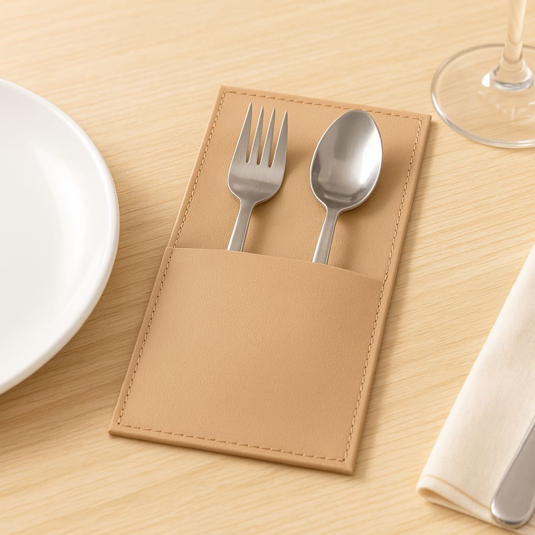 Faux-Leather Cutlery Holder Set in Soft Sand