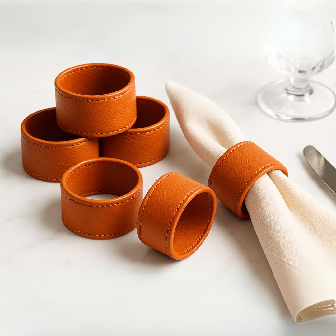 Faux-Leather Napkin Ring Set in Mellow Apricot